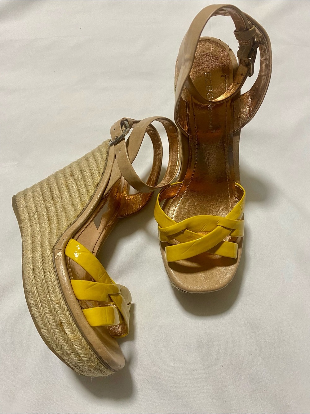 BCBGeneration Yellow and Tan Espadrille Wedge Sandals